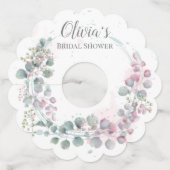 Waterverf Groene en Roze Eucalyptusbladeren Wijnglaslabel (Voorkant)