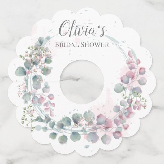 Waterverf Groene en Roze Eucalyptusbladeren Wijnglaslabel (Voorkant)