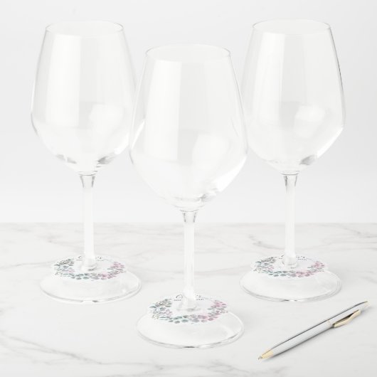 Waterverf Groene en Roze Eucalyptusbladeren Wijnglaslabel (Set)