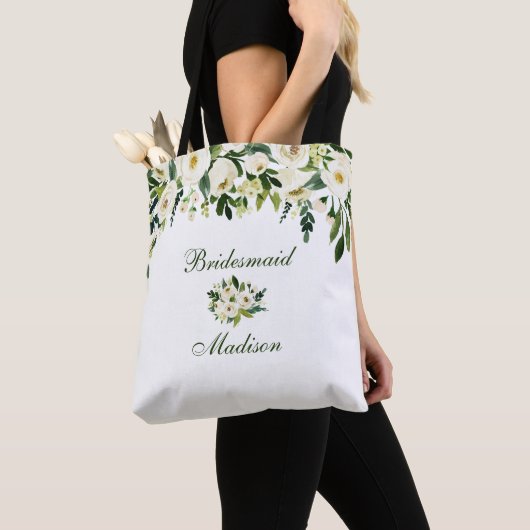 Waterverf Groene en Witte Floral Bridesmaid Tote Bag (Dichtbij)