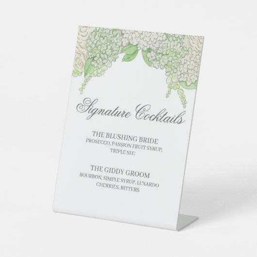 Waterverf Groene en Witte Hydrangea Cocktail Menu Reclamebord Met Voetstuk (Voorkant)
