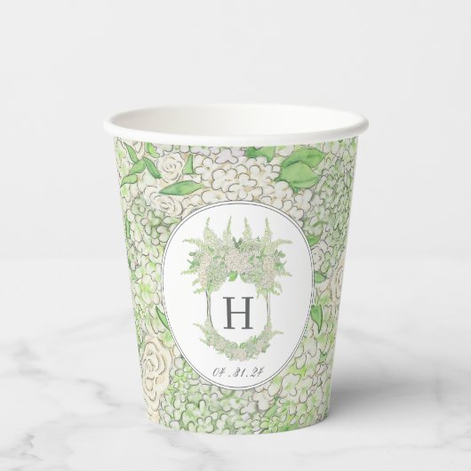 Waterverf Groene en Witte Hydrangea Crest Papieren Bekers (Achterkant)