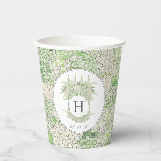 Waterverf Groene en Witte Hydrangea Crest Papieren Bekers (Voorkant)