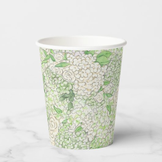 Waterverf Groene en Witte Hydrangea Crest Papieren Bekers (Achterkant)