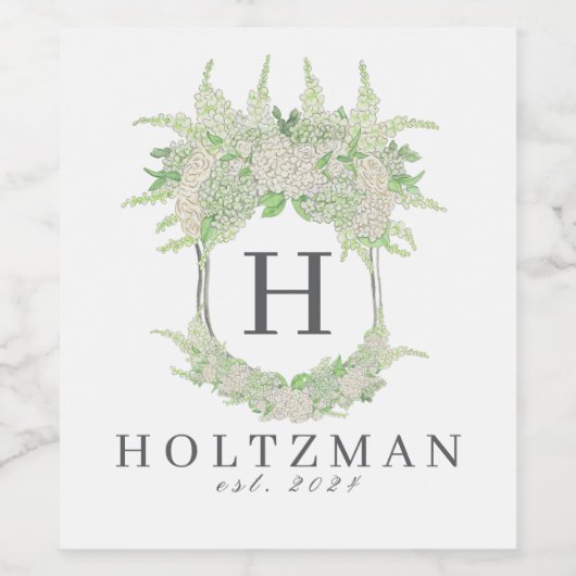 Waterverf Groene en Witte Hydrangea Crest Wijn Etiket (Enkel label)