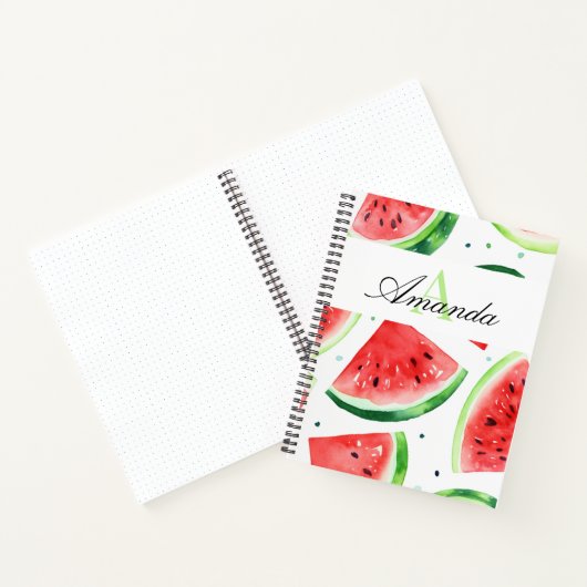Waterverf Groene en Witte Watermeloen Monogramed Notitieboek (Binnen)