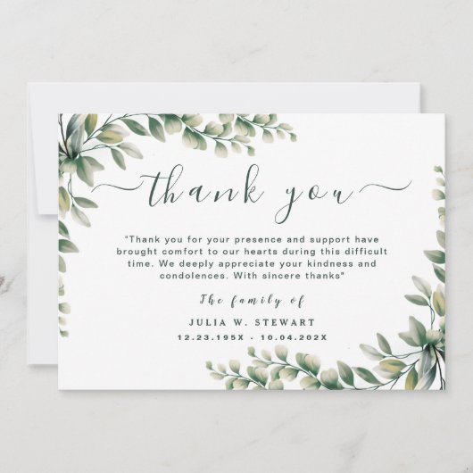 Waterverf Groene Eucalyptus begrafenis Dank u opme Kaart (Voorkant)