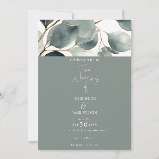 Waterverf groene Eucalyptus Huwelijksuitnodiging Kaart (Voorkant)