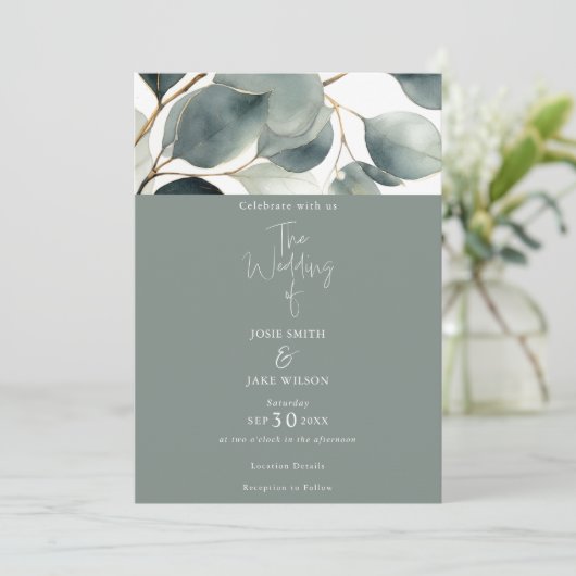 Waterverf groene Eucalyptus Huwelijksuitnodiging Kaart (Staand voorkant)