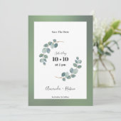 Waterverf groene eucalyptus save the date (Staand voorkant)