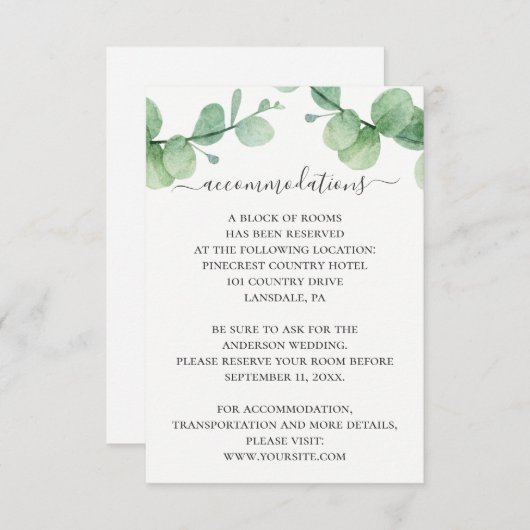 Waterverf groene eucalyptus trouwaccommodaties informatiekaartje (Voorkant / Achterkant)