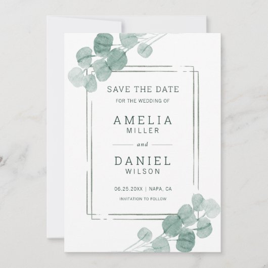 Waterverf Groene Eucalyptus Weddenschap Save The Date (Voorkant)
