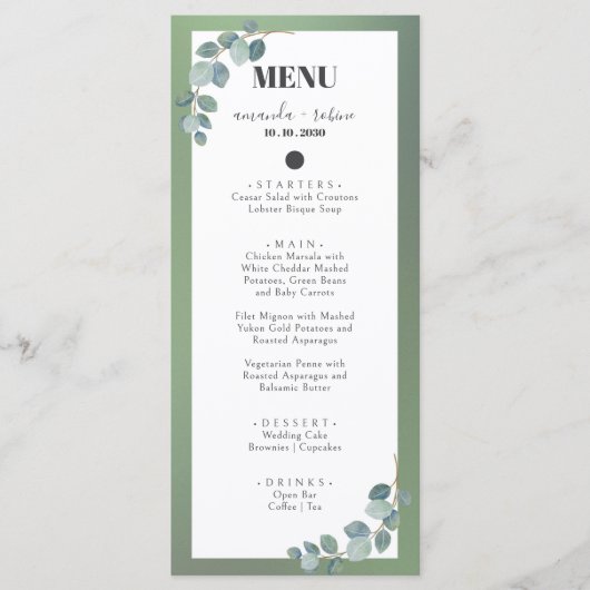 Waterverf Groene Eucalyptus Wedding Menu (Voorkant)