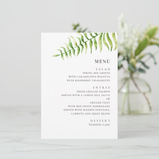 Waterverf groene fern. Greenery botanical bruiloft Menu (Staand voorkant)