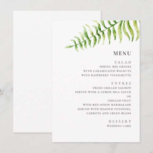 Waterverf groene fern. Greenery botanical bruiloft Menu (Voorkant / Achterkant)