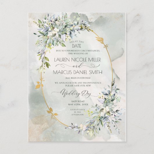 Waterverf Groene Floral Gold Oval Lijst Vertraging Briefkaart (Voorkant)