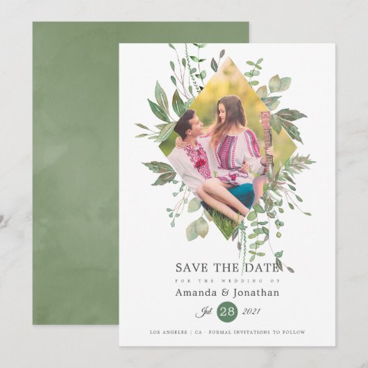 Waterverf Groene Foto Bruiloft Save The Date (Voorkant / Achterkant)