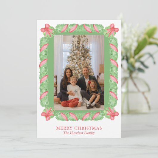 Waterverf Groene Garland & Rode Vlinder Kerstmis F Feestdagenkaart (Staand voorkant)