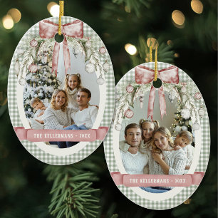 Waterverf groene geruite kerstfoto keramisch ornament
