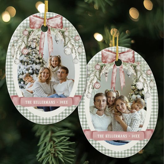 Waterverf groene geruite kerstfoto keramisch ornament