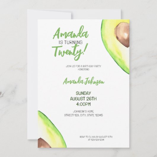 Waterverf Groene Girly Avocado Verjaardag Kaart (Voorkant)