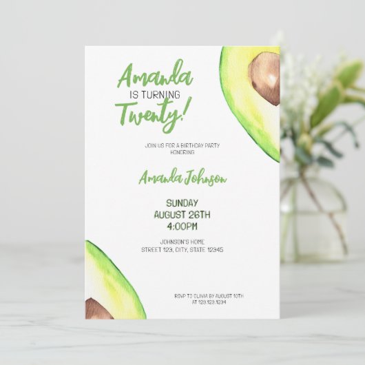 Waterverf Groene Girly Avocado Verjaardag Kaart (Staand voorkant)