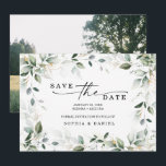 Waterverf Groene Gold Save The Date Huwelijk<br><div class="desc">Dit elegante ontwerp bevat een zachte waterverfboeket van eucalyptus,  groen en gouden versieringen. Klik op de Personaliseer en "Klik om verder aan te passen" knop om de tekstkleur aan te passen. Voeg een foto toe aan de achterkant!
Bekijk de hele collectie voor meer bijpassende items!</div>