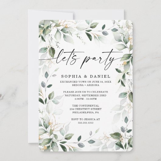 Waterverf Groene Goud Elopement Viering Kaart (Voorkant)