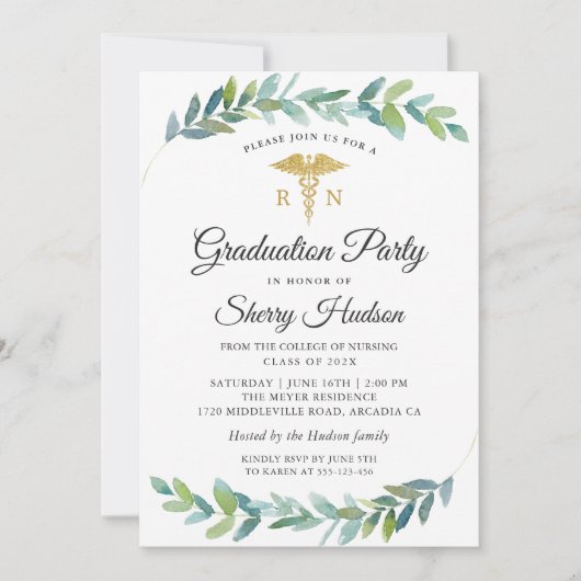 Waterverf Groene Goud RN Verpleegkunde Afstuderen Kaart (Voorkant)