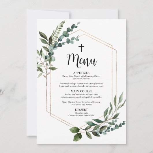 Waterverf Groene Goudkruis Doop Menukaarten Kaart (Voorkant)