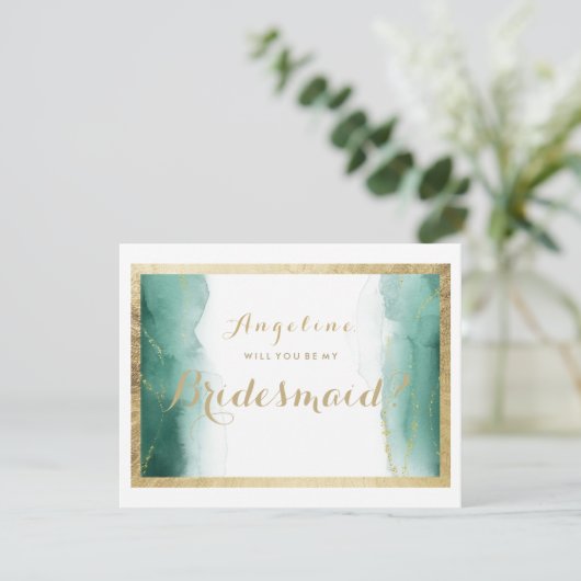 Waterverf groene goudwitte bruidsbruid kaart (Staand voorkant)