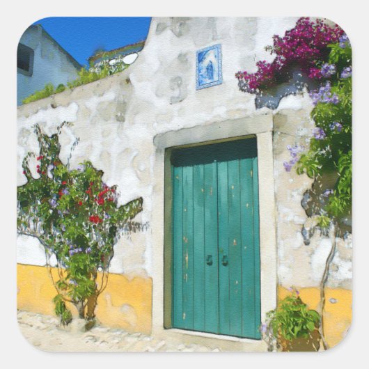 Waterverf groene houten deur vierkante sticker (Voorkant)