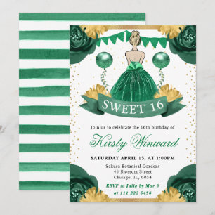 Waterverf groene jurk blonde prinses Sweet 16 Kaart