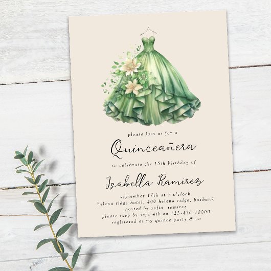 Waterverf Groene Jurk Elegant Quinceañera Kaart