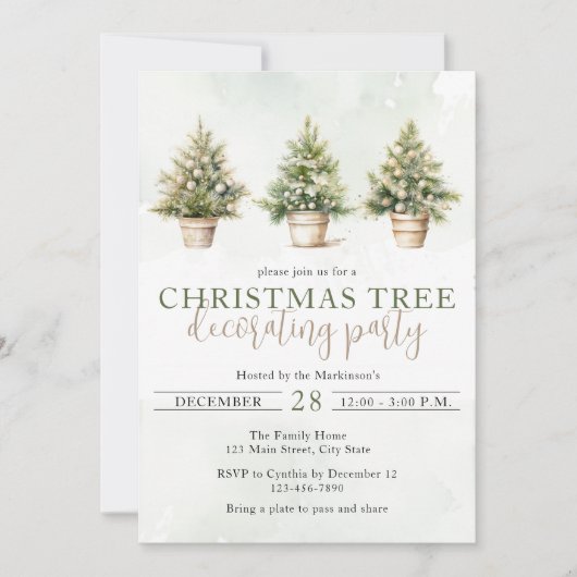 Waterverf Groene Kerstboom Decorating Party Kaart (Voorkant)