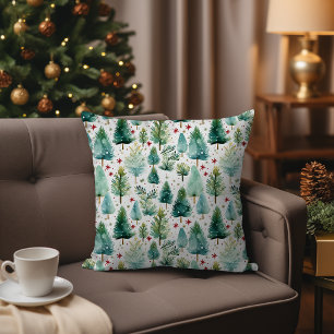 Waterverf groene kerstboom winterbos kussen