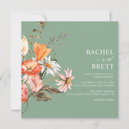 Waterverf Groene koraalroze Floral Wedding Kaart (Voorkant)