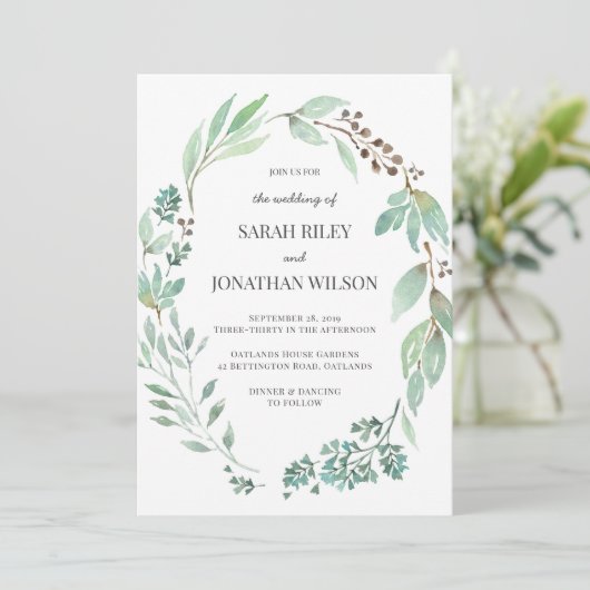 Waterverf Groene krans Bruiloft uitnodiging (Staand voorkant)