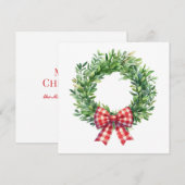 Waterverf groene krans met rode geruite strik notitiekaartje (Voorkant / Achterkant)