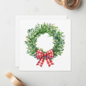 Waterverf groene krans met rode geruite strik notitiekaartje (Voorkant / Achterkant in situ)