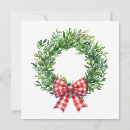 Waterverf groene krans met rode geruite strik notitiekaartje (Voorkant)