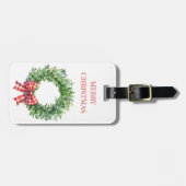 Waterverf groene krans met rode gingham boog bagagelabel (Voorkant horizontaal)