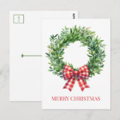 Waterverf groene krans met rode gingham boog briefkaart (Voorkant / Achterkant)