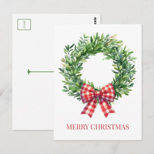 Waterverf groene krans met rode gingham boog briefkaart (Voorkant / Achterkant)