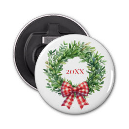 Waterverf groene krans met rode gingham boog button flesopener