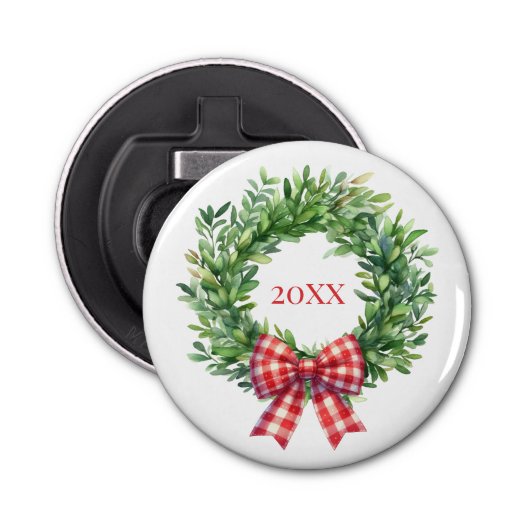 Waterverf groene krans met rode gingham boog button flesopener (Voorkant)