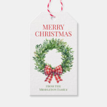 Waterverf groene krans met rode gingham boog