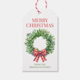 Waterverf groene krans met rode gingham boog cadeaulabel