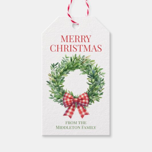 Waterverf groene krans met rode gingham boog cadeaulabel (Voorkant)