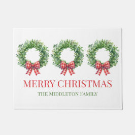 Waterverf groene krans met rode gingham boog deurmat